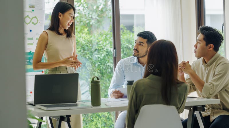 Diversity team presentation in ESG sustainability business goals sdgs in green office royalty free stock image