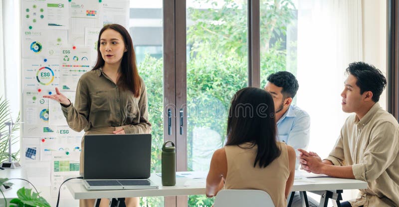 Diversity team presentation in ESG sustainability business goals sdgs in green office royalty free stock images