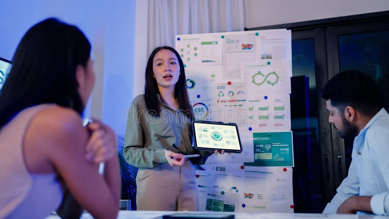Diversity team presentation about ESG sustainability business goals sdgs in green office royalty free stock photos