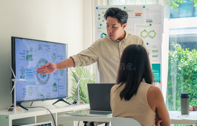 Diversity team presentation in ESG sustainability business goals sdgs in green office royalty free stock photos