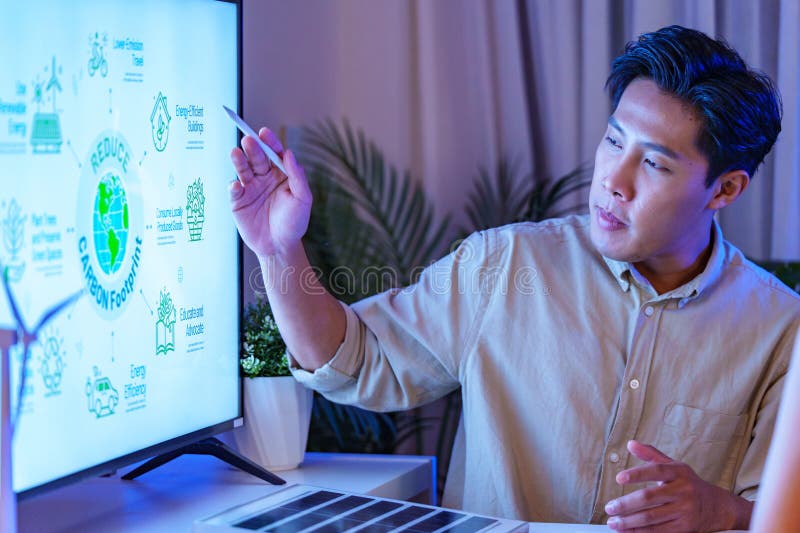 Diversity team presentation about ESG sustainability business goals sdgs in green office at night stock photos