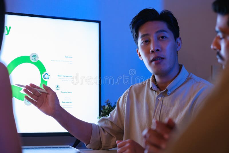 Diversity team presentation about ESG sustainability business goals sdgs in green office at night royalty free stock image