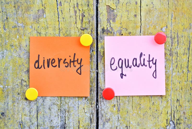 Stickers with words Diversity and Equality on wooden background. Stickers with words Diversity and Equality on wooden background