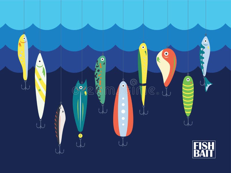 Diverso cebo de pesca del color con los pescados grandes y pequeños de la historieta en el océano o el mar Marine Background With libre illustration