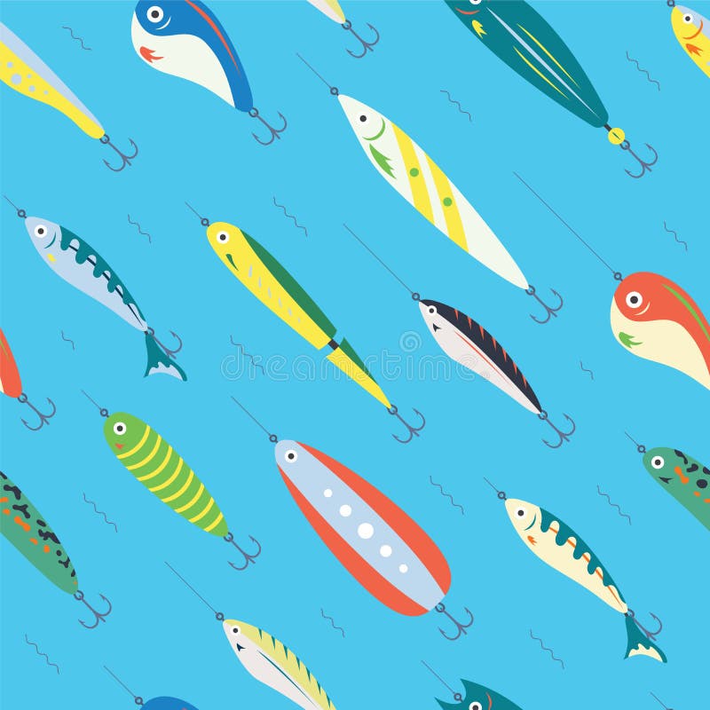 Diverso cebo de pesca del color del modelo inconsútil con los pescados grandes y pequeños de la historieta en el océano o el mar libre illustration