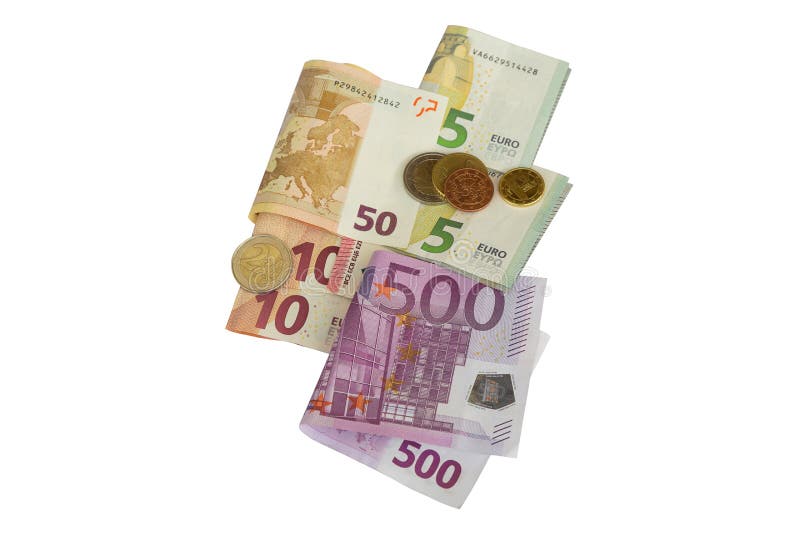 Diverso tipo de moneda euro acuña en los billetes de banco doblados, un sistema imagen de archivo libre de regalías Diverso tipo de moneda euro acuña en los billetes de banco doblados, un sistema imagen de archivo libre de regalías