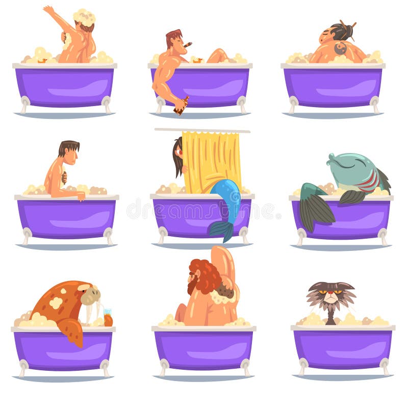 Various Funny Characters Taking Bath, Funny Fish, Dog, Penguin, Walrus, Cat, Mermaid Washing and Relaxing in Bathtub Full of Foam Vector Illustration on White Background. Various Funny Characters Taking Bath, Funny Fish, Dog, Penguin, Walrus, Cat, Mermaid Washing and Relaxing in Bathtub Full of Foam Vector Illustration on White Background.