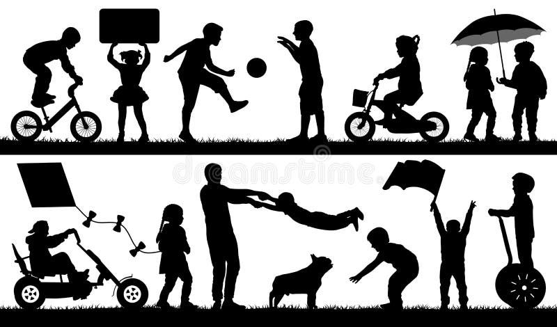 Child different events, set. Children playing outdoor, silhouette vector. Baby entertainment, isolated on white background. Child different events, set. Children playing outdoor, silhouette vector. Baby entertainment, isolated on white background
