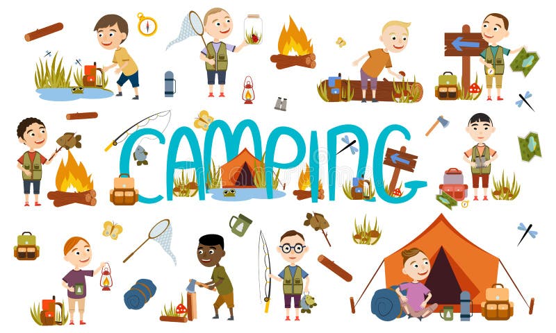 Diversos muchachos determinados turísticos en la naturaleza camping Pesca, seta que escoge, durante la noche en una tienda, una d libre illustration Diversos muchachos determinados turísticos en la naturaleza camping Pesca, seta que escoge, durante la noche en una tienda, una d libre illustration