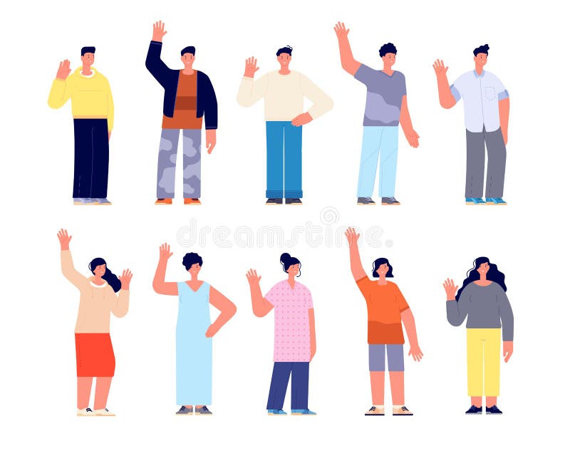 Diversos personajes casuales. grupo de la comunidad de gente: jóvenes felices. estudiante de caricatura hola gesto de mano chicos stock de ilustración