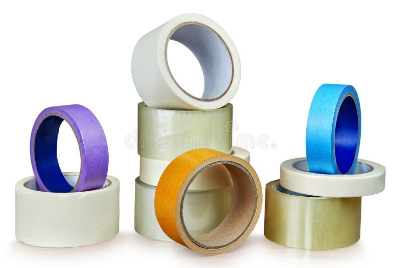 Diversos rolos da fita adesiva para fins diferentes no branco foto de stock Diversos rolos da fita adesiva para fins diferentes no branco foto de stock