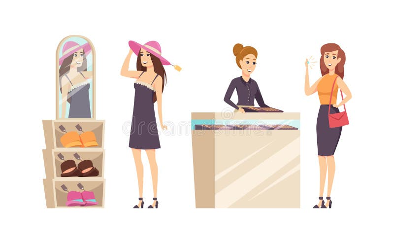 Diversos sombreros que intentan femeninos en vector del sistema de la tienda libre illustration Diversos sombreros que intentan femeninos en vector del sistema de la tienda libre illustration