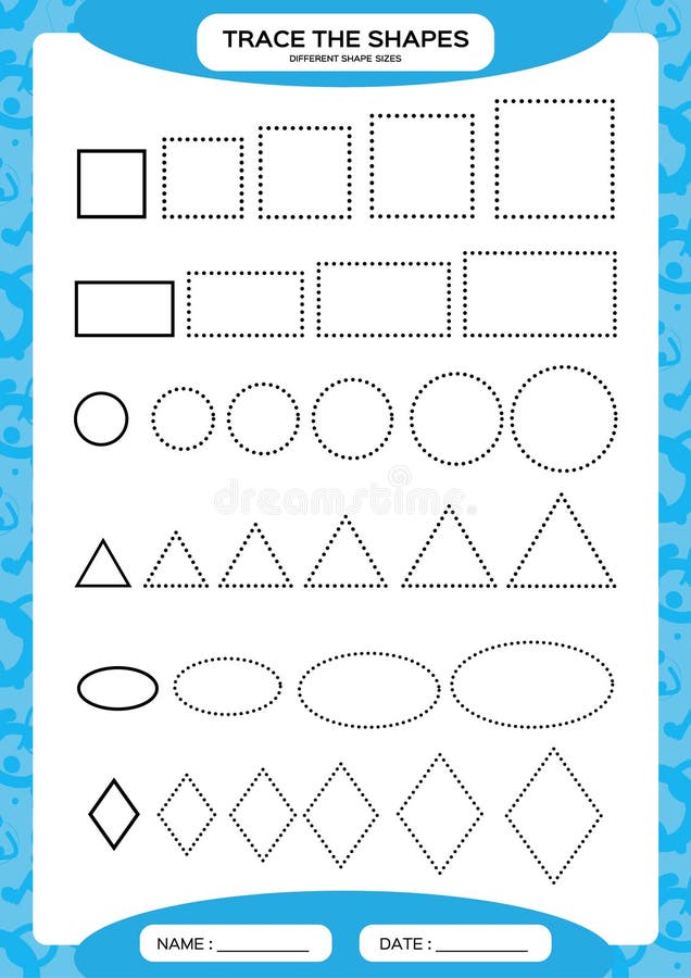 Diversos tamaños de la forma Aprendizaje de dimensiones de una variable básicas Rastro, y drenaje Hoja de trabajo para los niños ilustración del vector Diversos tamaños de la forma Aprendizaje de dimensiones de una variable básicas Rastro, y drenaje Hoja de trabajo para los niños ilustración del vector