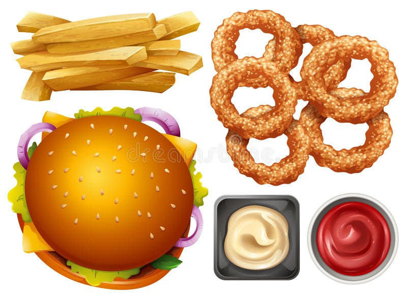 Diversos tipos de comida rápida en el fondo blanco stock de ilustración Diversos tipos de comida rápida en el fondo blanco stock de ilustración