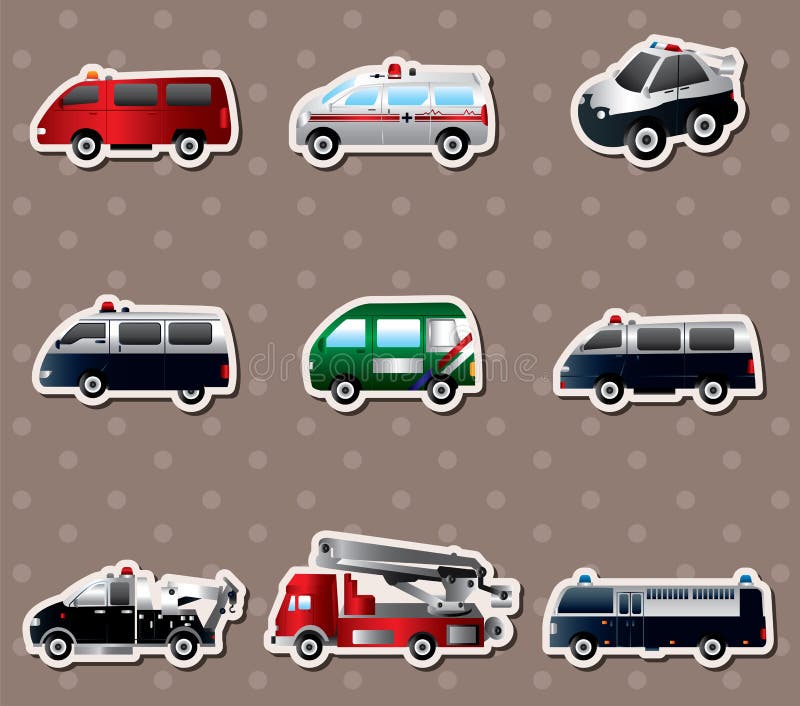 Vector illustration of different types car stickers,cute cartoon vector illusttration. Vector illustration of different types car stickers,cute cartoon vector illusttration