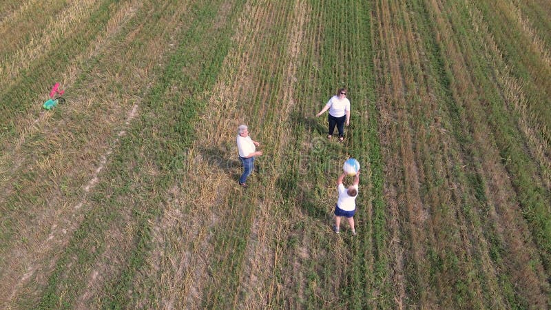 Divertida y feliz familia jugando bola vista aérea. almacen de metraje de vídeo
