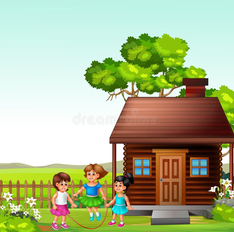 Divertidas tres chicas jugando a la pista de salto frente a la casa de madera en caricatura de campo GRass libre illustration Divertidas tres chicas jugando a la pista de salto frente a la casa de madera en caricatura de campo GRass libre illustration