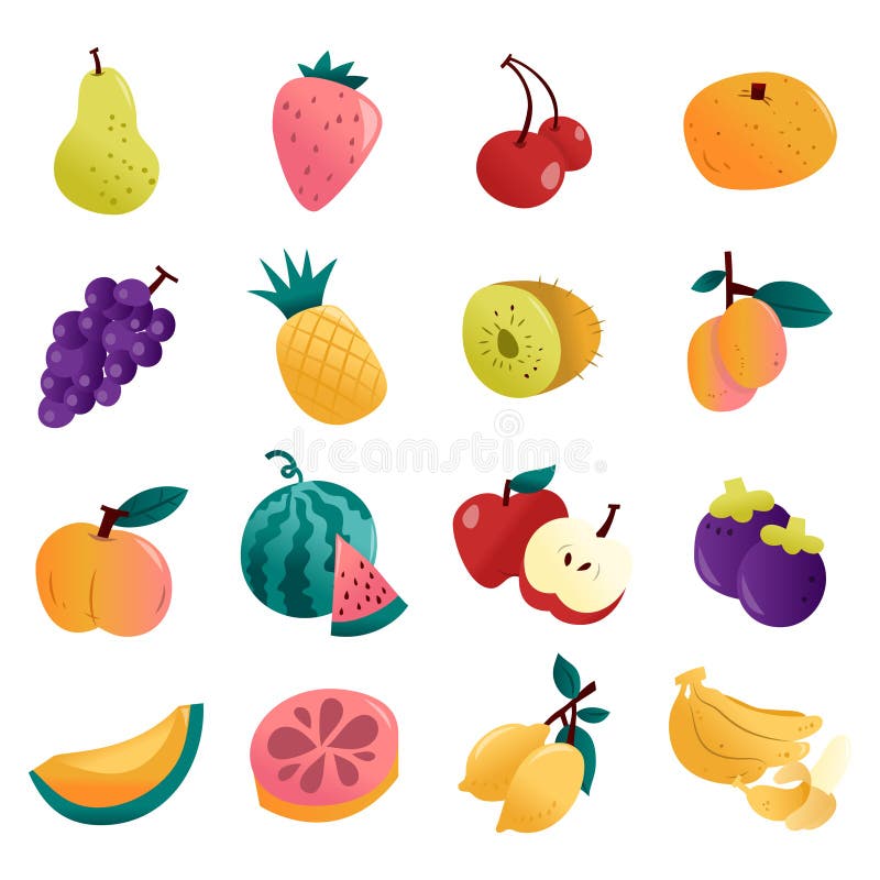Divertido Conjunto De Frutas De Verano Stock de ilustración - Ilustración  de ligamaza, tropical: 208030511