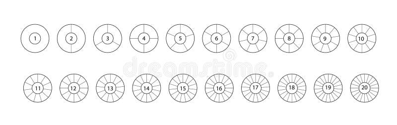 Divide circle. Segmented circles set isolated on a white background. Black segment element. Vector round 20 section