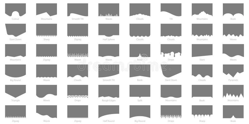 Divider Shapes for Web Pages Set. Abstract Elements for Header and Bottom Sections of Website. Wave and Curved Form vector illustration