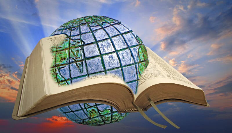 Photo of open holy bible with globe through pages with sunburst sun rays in background. Photo of open holy bible with globe through pages with sunburst sun rays in background.