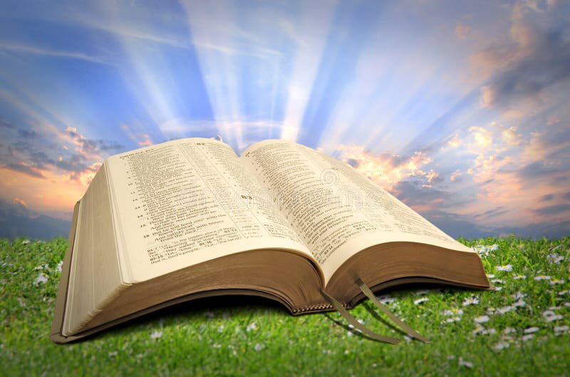 Photo of open holy bible on grass with divine spiritual light rays coming from bible!. Photo of open holy bible on grass with divine spiritual light rays coming from bible!