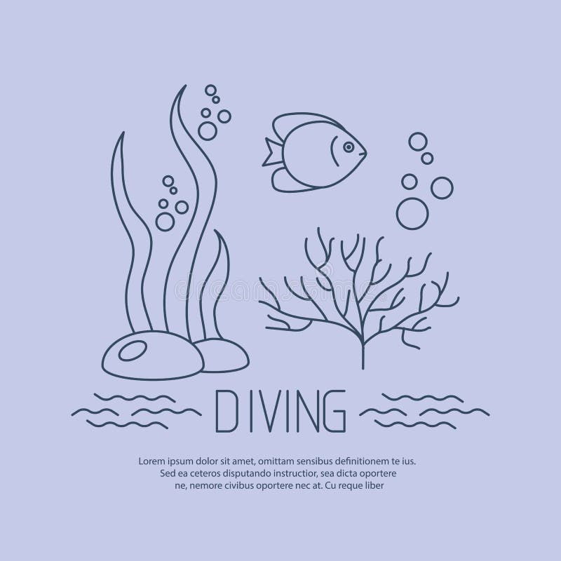 Diving icon with fishs and seaweed stock illustration