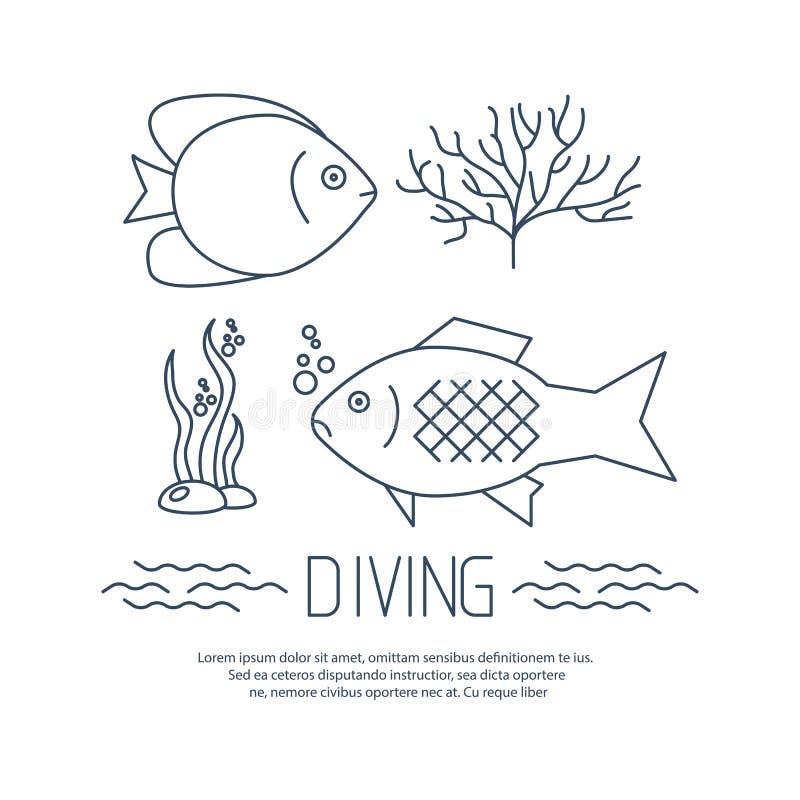 Diving icon with fishs and seaweed stock illustration