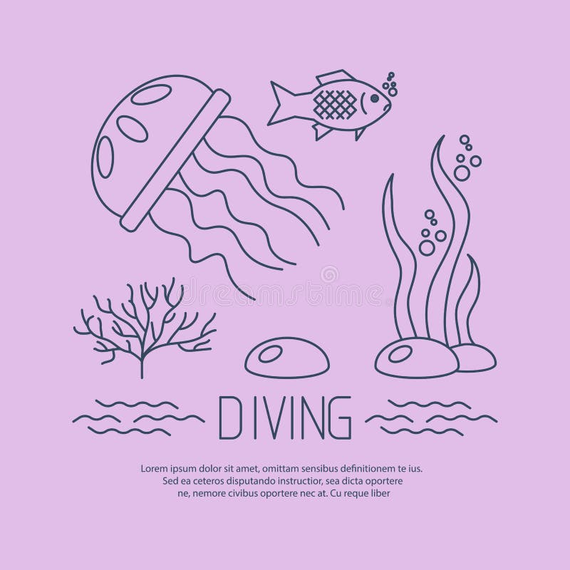 Diving icon with jellyfish and seaweed vector illustration