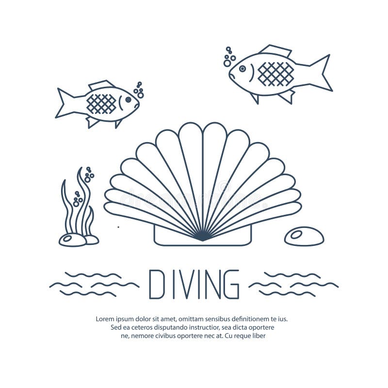Diving icon with shell and fishs stock illustration