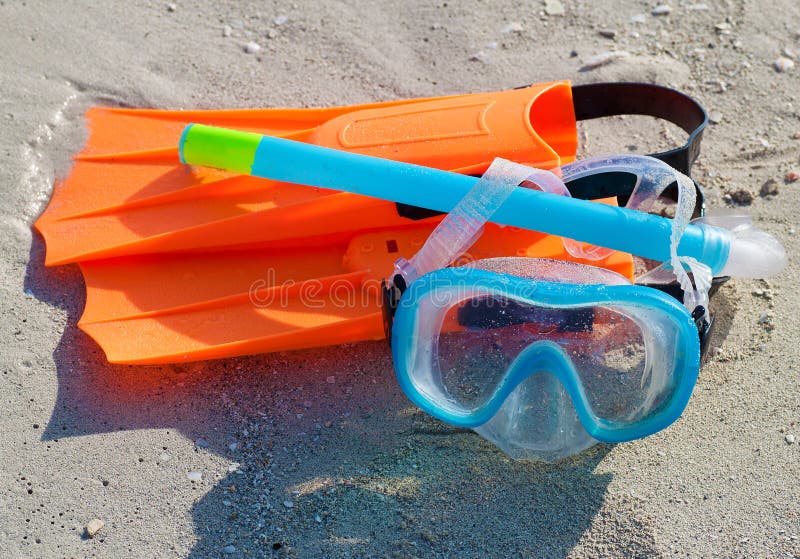 Diving Mask, Snorkel and Fins on a Sandy Beach Stock Image Image of