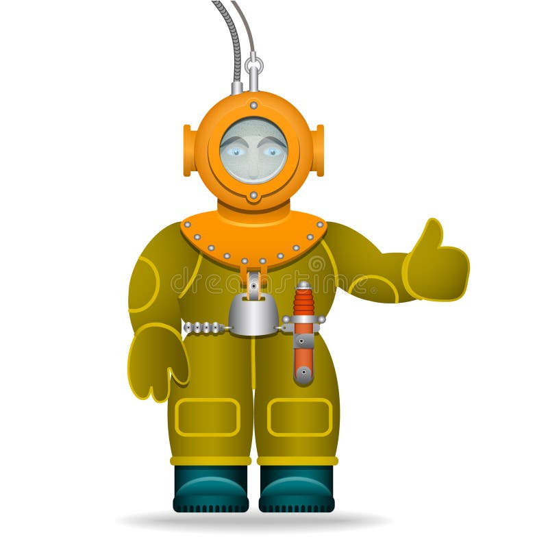 A Man in an Old Diving Suit. Underwater Helmet. Isolated Object