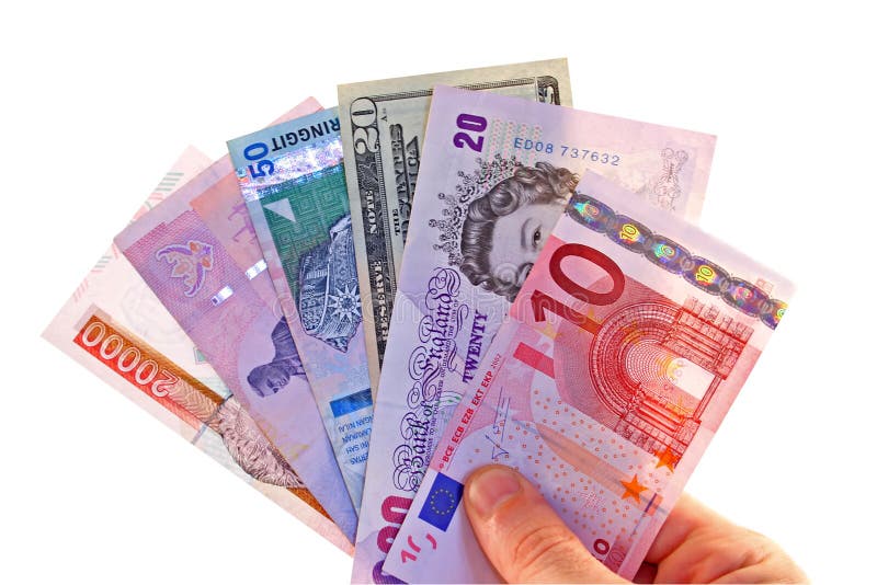 A collection of foreign currencies including Euros, American Dollars, British Pounds, Thai Baht, Malaysian Ringit. A collection of foreign currencies including Euros, American Dollars, British Pounds, Thai Baht, Malaysian Ringit