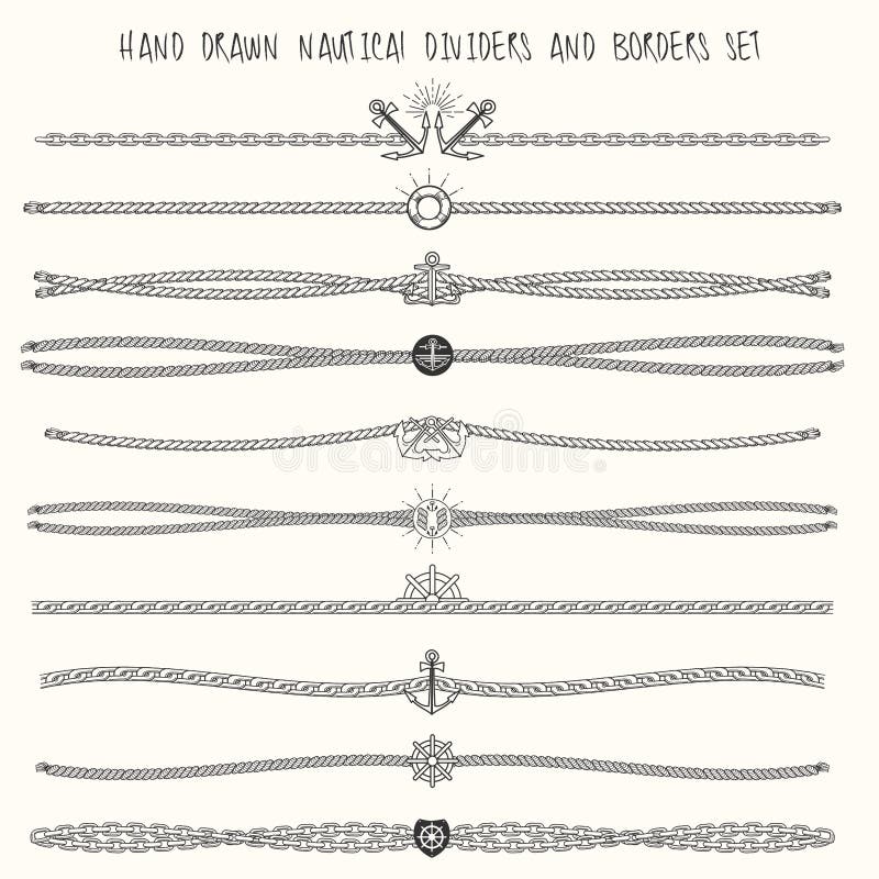 Set of nautical ropes and chains decor elements. Hand drawn dividers and borders. Only free font used. Set of nautical ropes and chains decor elements. Hand drawn dividers and borders. Only free font used.