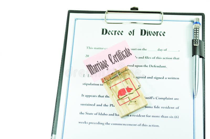 Divorce decree and marriage certificate in mouse trap