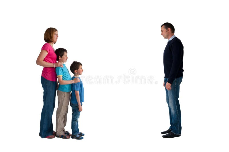 Divorce concept family separation men women and children isolated on a white background