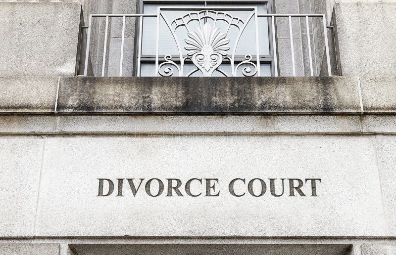 Divorce Court. Exterior of a building with Divorce Court engraved in stone stock photos