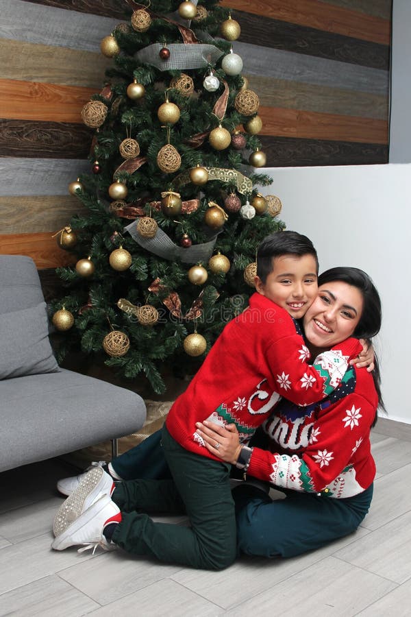 Divorced Single Mom And Son Latino Have Christmas Presents Sitting By