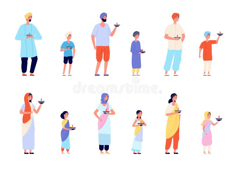 Diwali characters. Happy asian people, fun young indian woman man and children. Traditional festival of india celebrating group vector set. Illustration diwali traditional character, girl and boy