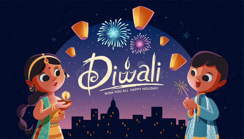 Diwali children holding oil lamp and sparkler with sky lanterns in the city night background. Diwali children holding oil lamp and sparkler with sky lanterns in the city night background