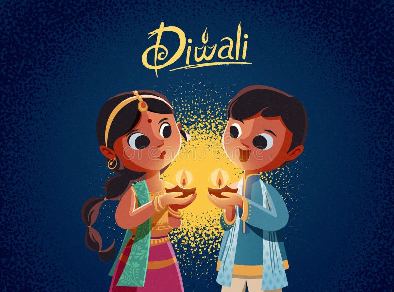 Diwali children holding oil lamps illustration on blue background