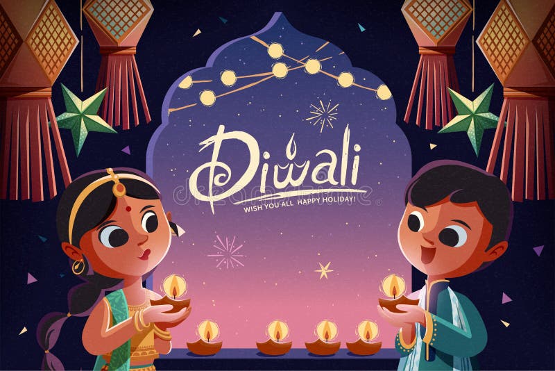Diwali children holding oil lamps with hanging lanterns in the starry night background. Diwali children holding oil lamps with hanging lanterns in the starry night background