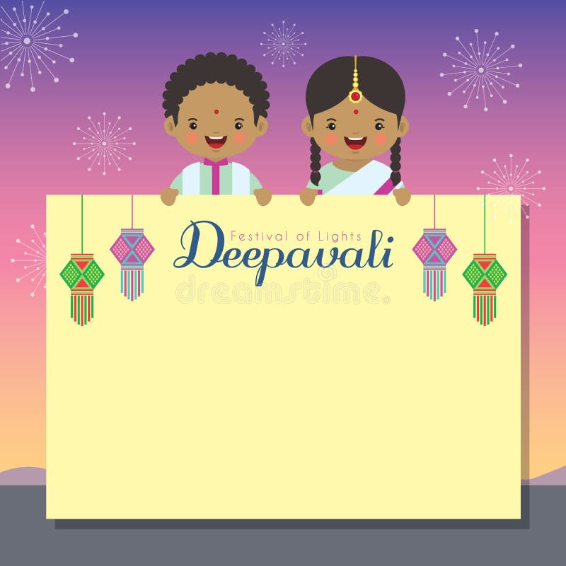 Diwali or Deepavali copy space with kandil india lanterns. Cartoon Indian children holding paper and beautiful fireworks as background. Festival of lights vector illustration. Diwali or Deepavali copy space with kandil india lanterns. Cartoon Indian children holding paper and beautiful fireworks as background. Festival of lights vector illustration.