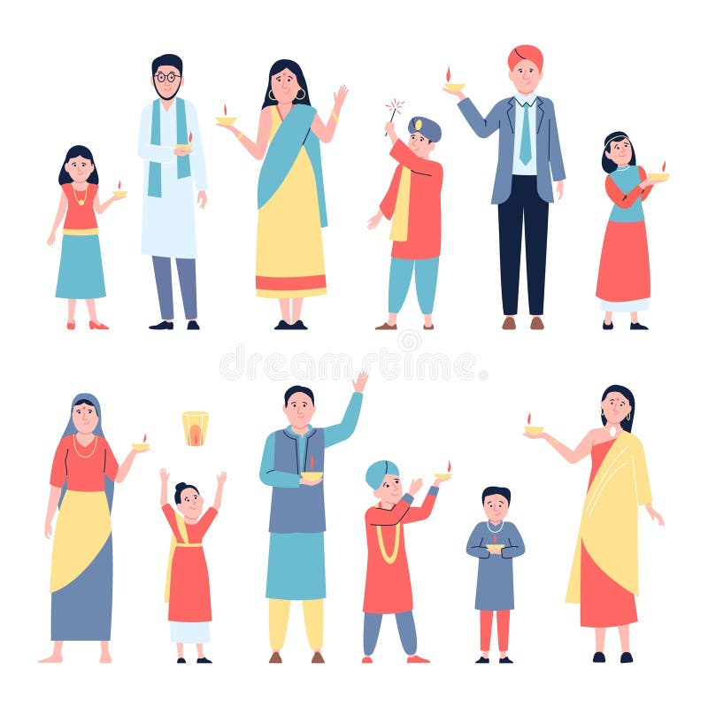 Diwali family characters with fireworks and fire. Man, woman and children enjoying festival, wear traditional. Flat asian vector characters diwali cartoon, design of festival indian illustration. Diwali family characters with fireworks and fire. Man, woman and children enjoying festival, wear traditional. Flat asian vector characters diwali cartoon, design of festival indian illustration