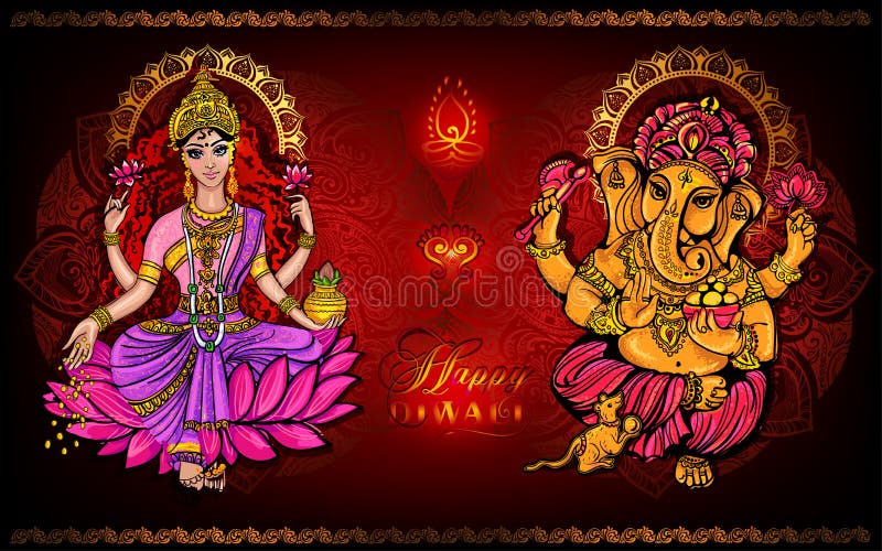 Diwali feliz Lakshmi y Ganesha stock de ilustración Diwali feliz Lakshmi y Ganesha stock de ilustración