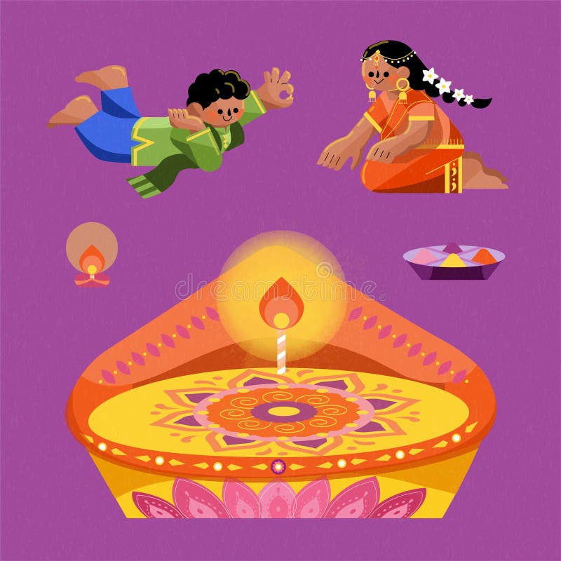 Diwali festival graphic elements with two Indian children characters, rangoli on large diya lamp, and color powder in plate. Isolated on purple background. Diwali festival graphic elements with two Indian children characters, rangoli on large diya lamp, and color powder in plate. Isolated on purple background