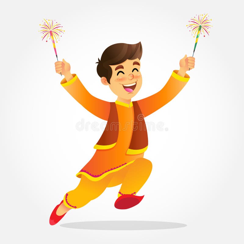 Cute cartoon indian boy in traditional clothes jumping and playing with firecracker celebrating the festival of lights Diwali or Deepavali isolated on white background. Cute cartoon indian boy in traditional clothes jumping and playing with firecracker celebrating the festival of lights Diwali or Deepavali isolated on white background