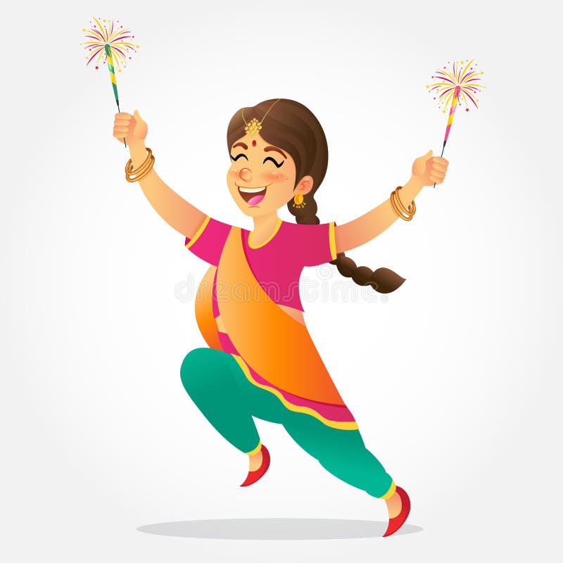 Cute cartoon indian girl in traditional clothes jumping and playing with firecracker celebrating the festival of lights Diwali or Deepavali isolated on white background. Cute cartoon indian girl in traditional clothes jumping and playing with firecracker celebrating the festival of lights Diwali or Deepavali isolated on white background