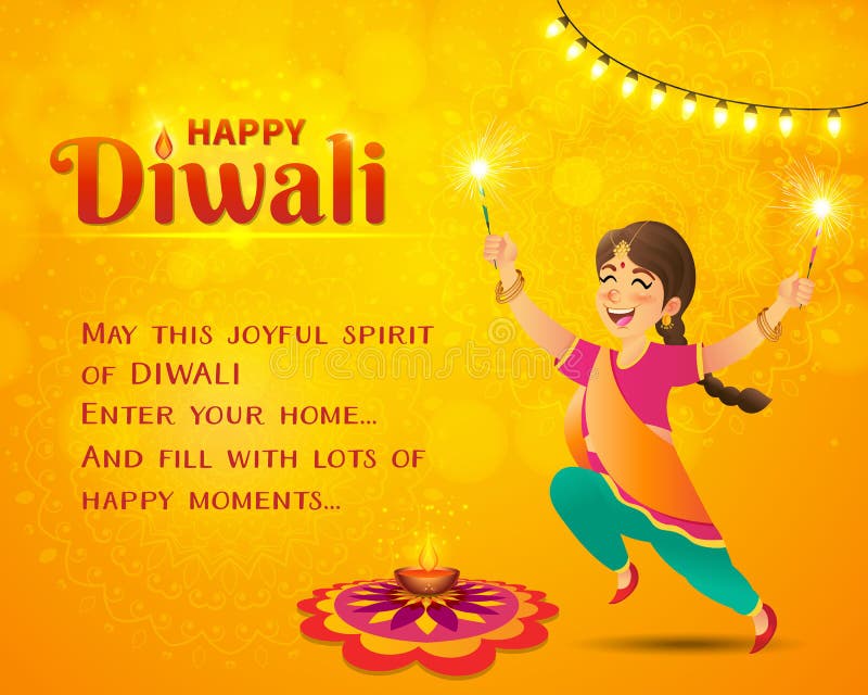 Happy Diwali greeting card. Cute cartoon indian girl in traditional clothes jumping and playing with firecracker celebrating Diwali with template text on yellow background. Happy Diwali greeting card. Cute cartoon indian girl in traditional clothes jumping and playing with firecracker celebrating Diwali with template text on yellow background
