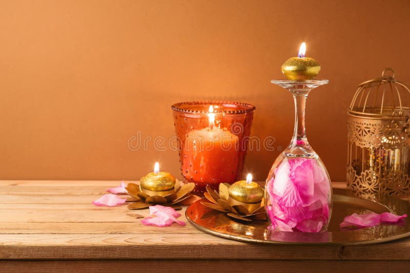 Diwali Holiday Home Decorations on Wooden Table Stock Photo - Image of  background, decor: 199189718